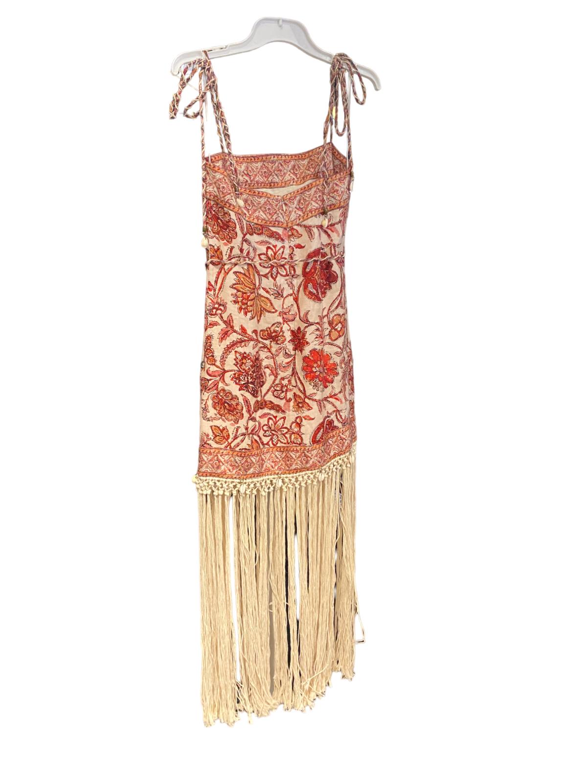Zimmermann Vitali Fringe Mini Dress | Sepia Floral, Tie Belt/Strap, Shells/Beads