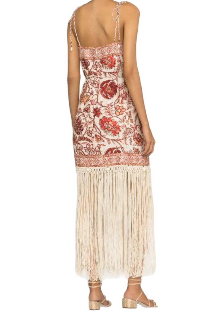 Zimmermann Vitali Fringe Mini Dress | Sepia Floral, Tie Belt/Strap, Shells/Beads