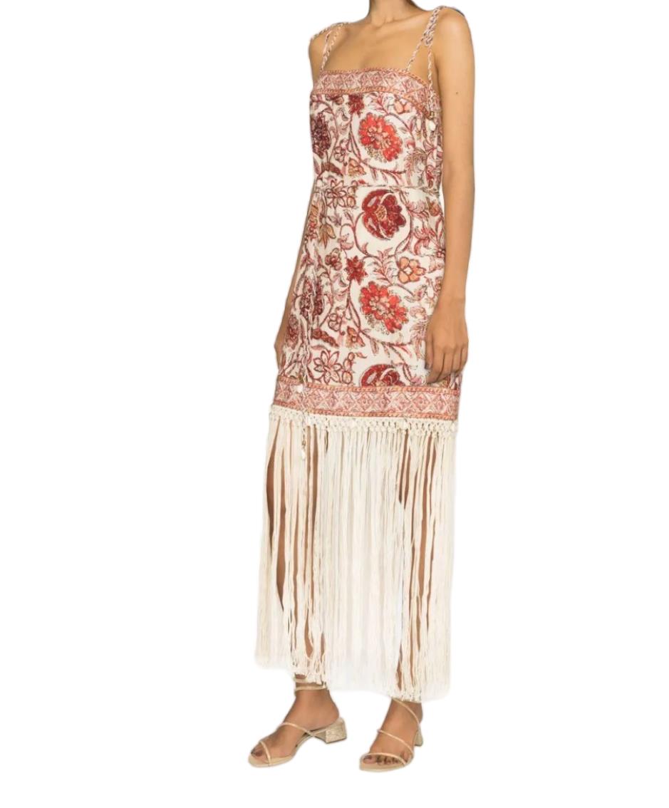 Zimmermann Vitali Fringe Mini Dress | Sepia Floral, Tie Belt/Strap, Shells/Beads