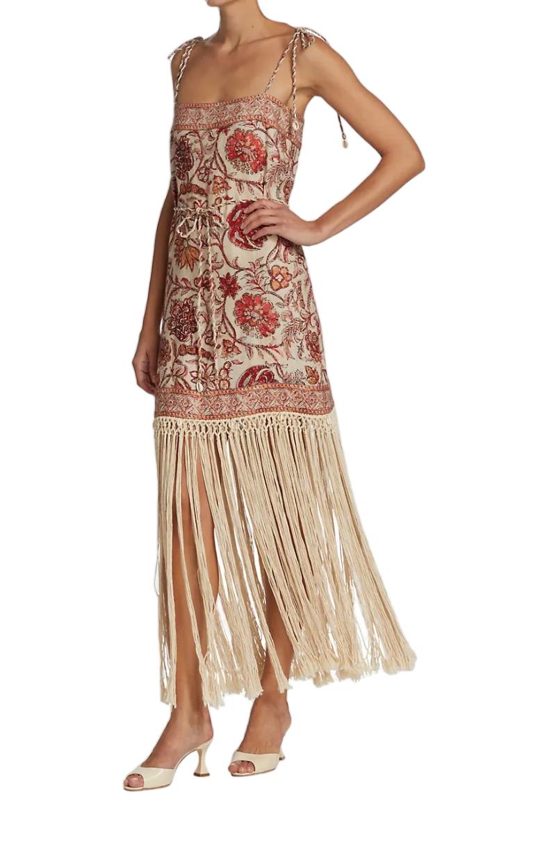 Zimmermann Vitali Fringe Mini Dress | Sepia Floral, Tie Belt/Strap, Shells/Beads