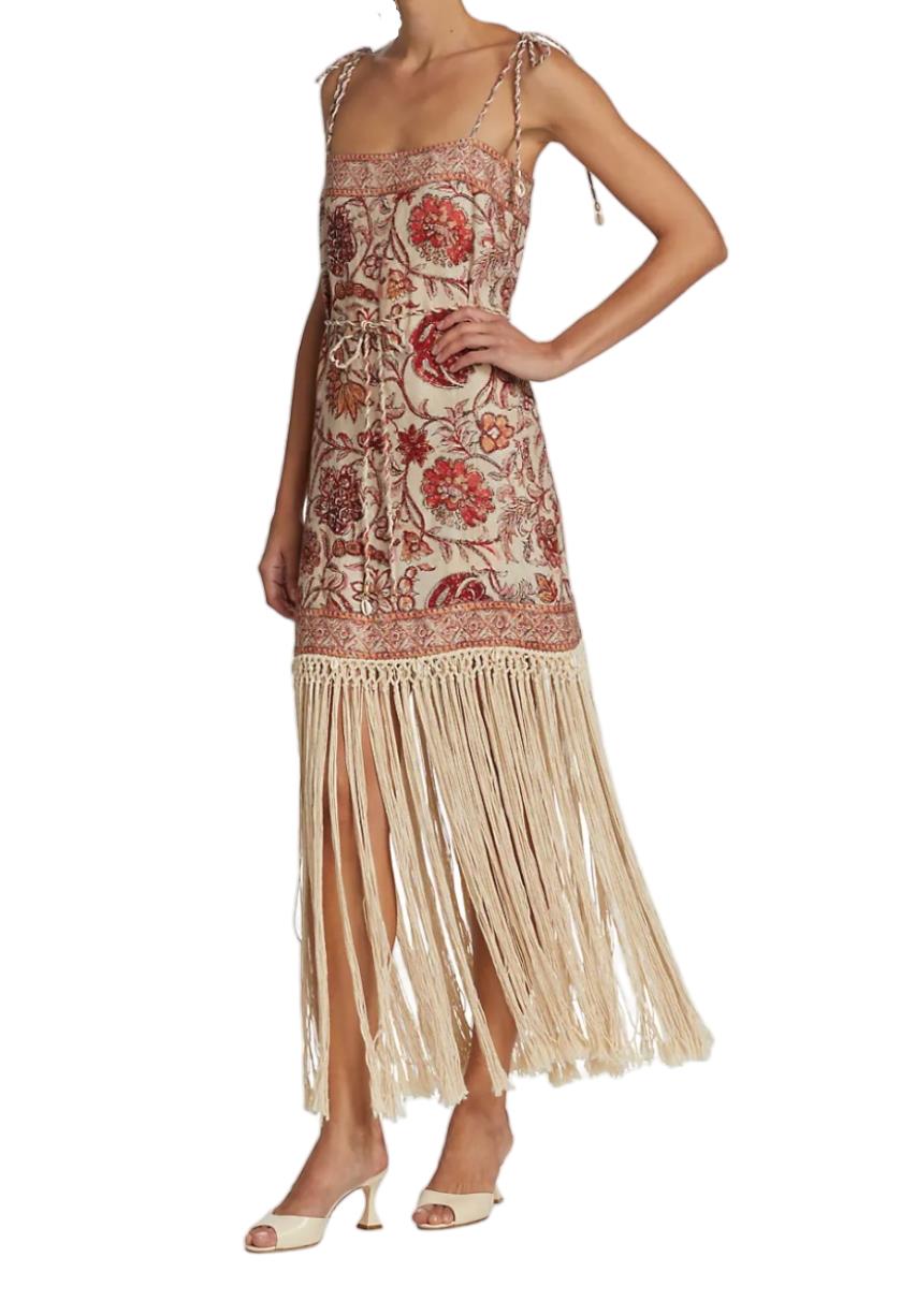 Zimmermann Vitali Fringe Mini Dress | Sepia Floral, Tie Belt/Strap, Shells/Beads