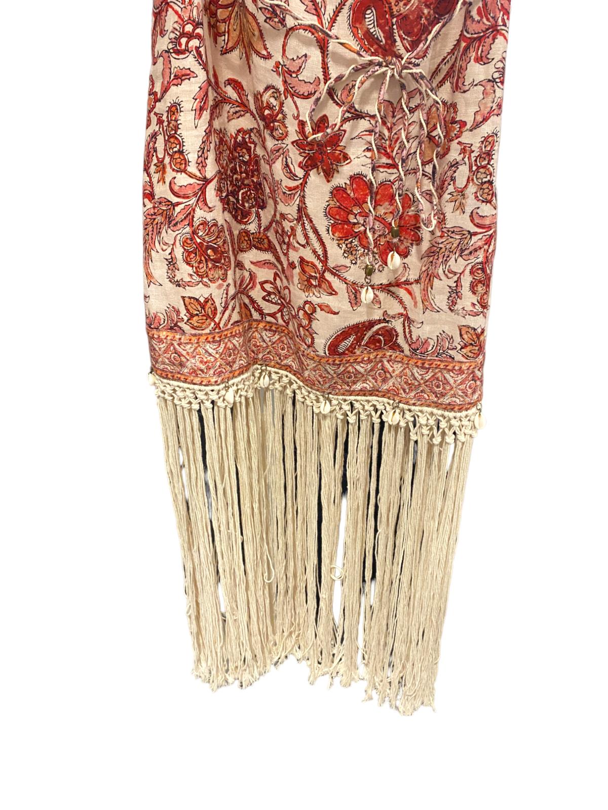 Zimmermann Vitali Fringe Mini Dress | Sepia Floral, Tie Belt/Strap, Shells/Beads