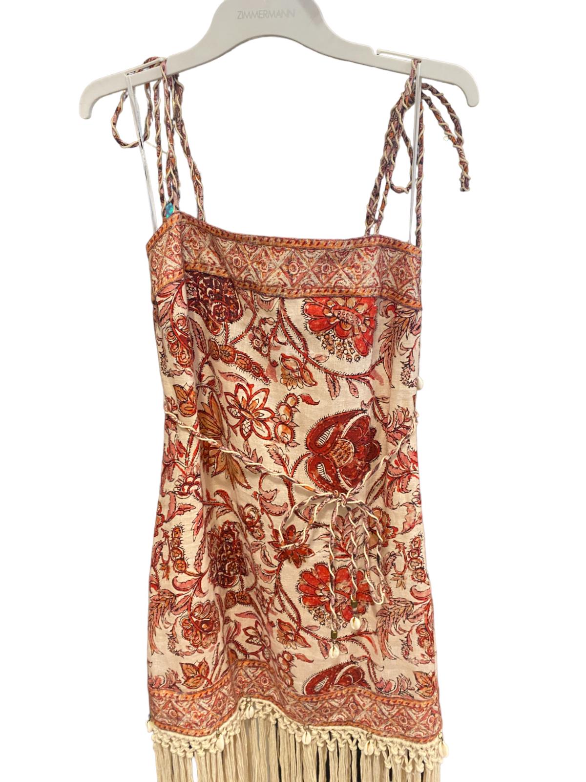 Zimmermann Vitali Fringe Mini Dress | Sepia Floral, Tie Belt/Strap, Shells/Beads