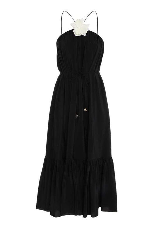 Zimmermann Halter Neck Midi Dress | Black, Silk, Flower Brooch, Optional Belt