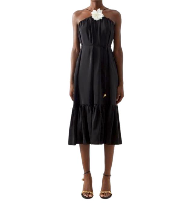 Zimmermann Halter Neck Midi Dress | Black, Silk, Flower Brooch, Optional Belt