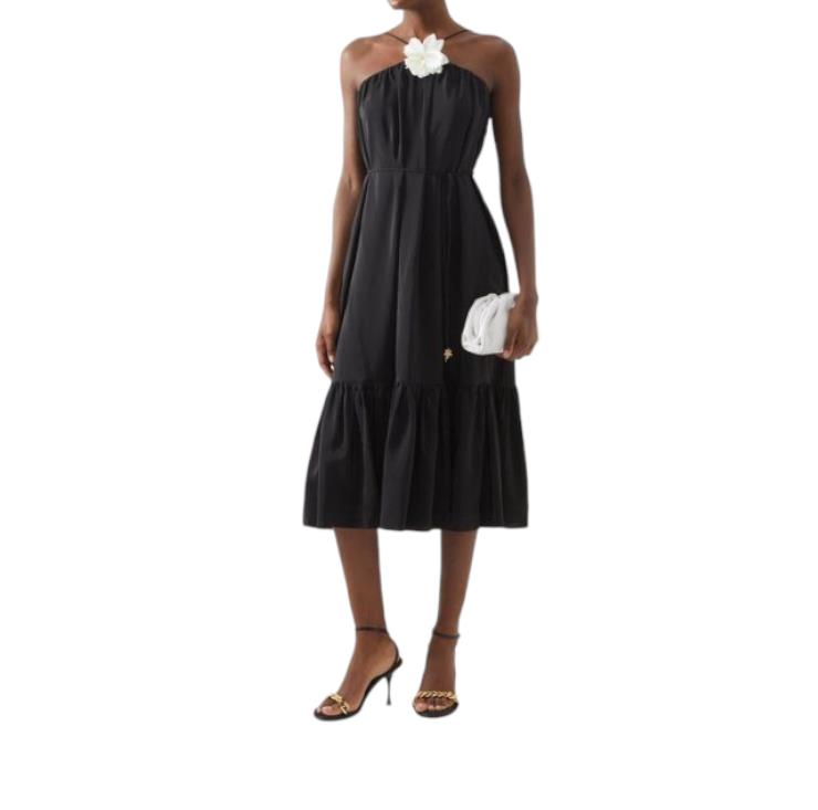 Zimmermann Halter Neck Midi Dress | Black, Silk, Flower Brooch, Optional Belt