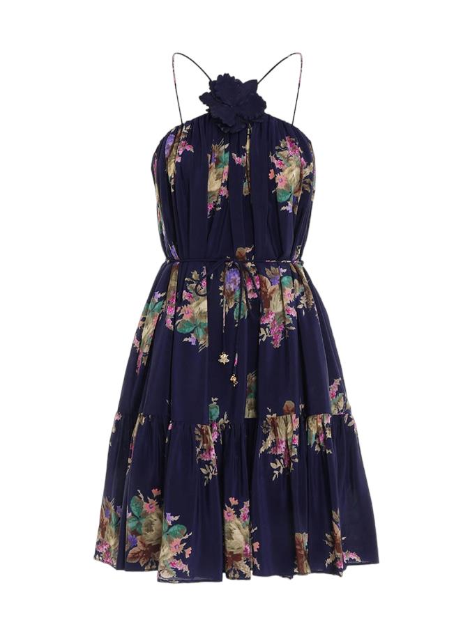 Zimmermann Halter Neck Mini Dress |Navy Floral, Silk, Removable Brooch, Tie Belt