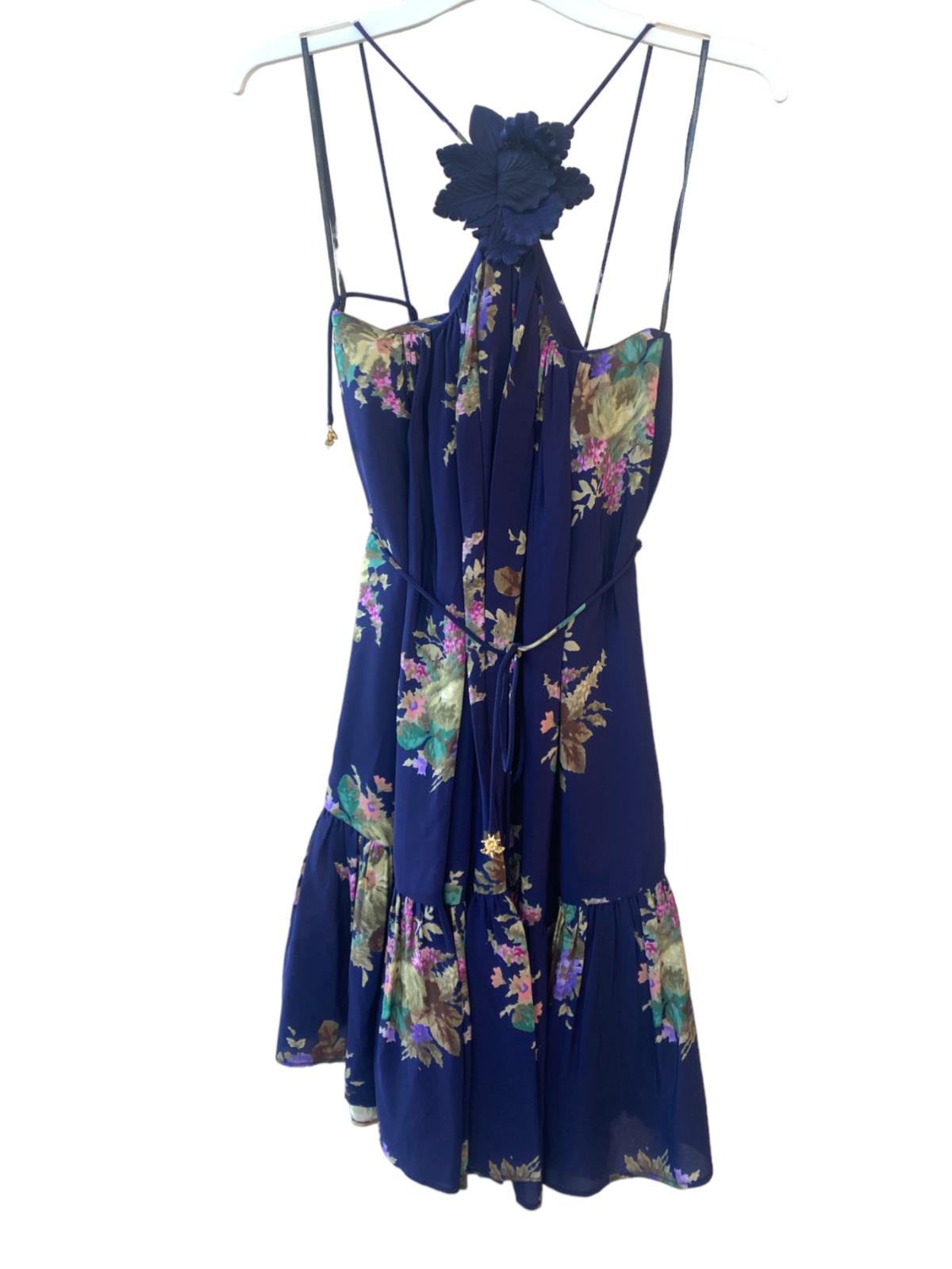 Zimmermann Halter Neck Mini Dress |Navy Floral, Silk, Removable Brooch, Tie Belt