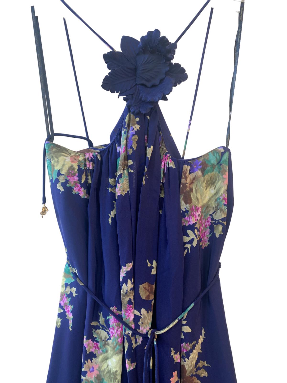 Zimmermann Halter Neck Mini Dress |Navy Floral, Silk, Removable Brooch, Tie Belt