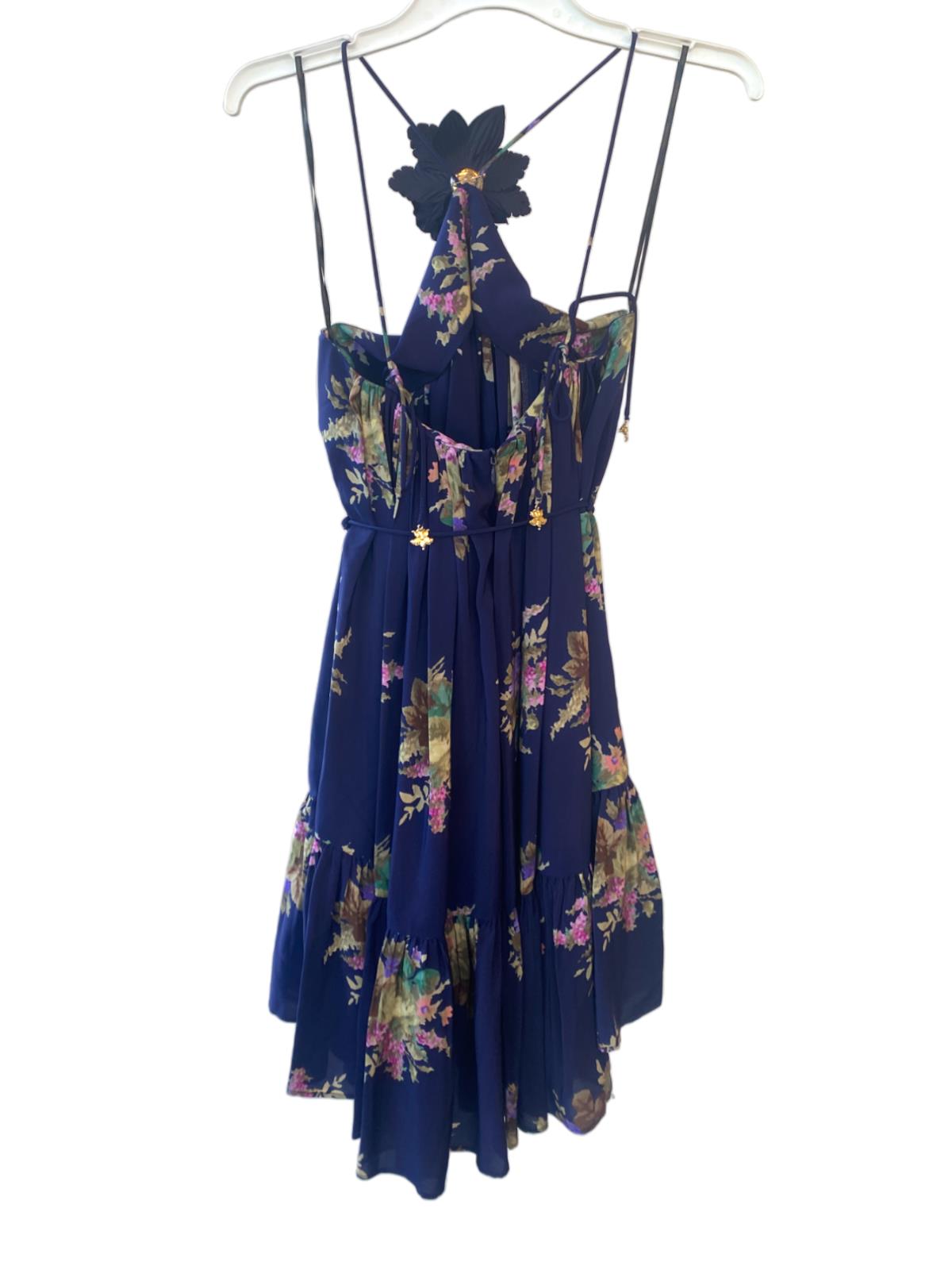 Zimmermann Halter Neck Mini Dress |Navy Floral, Silk, Removable Brooch, Tie Belt