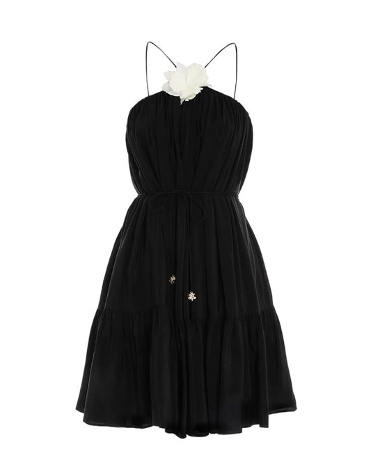 Zimmermann Halter Neck Mini Dress | Black, Silk, Flower Brooch, Optional Belt