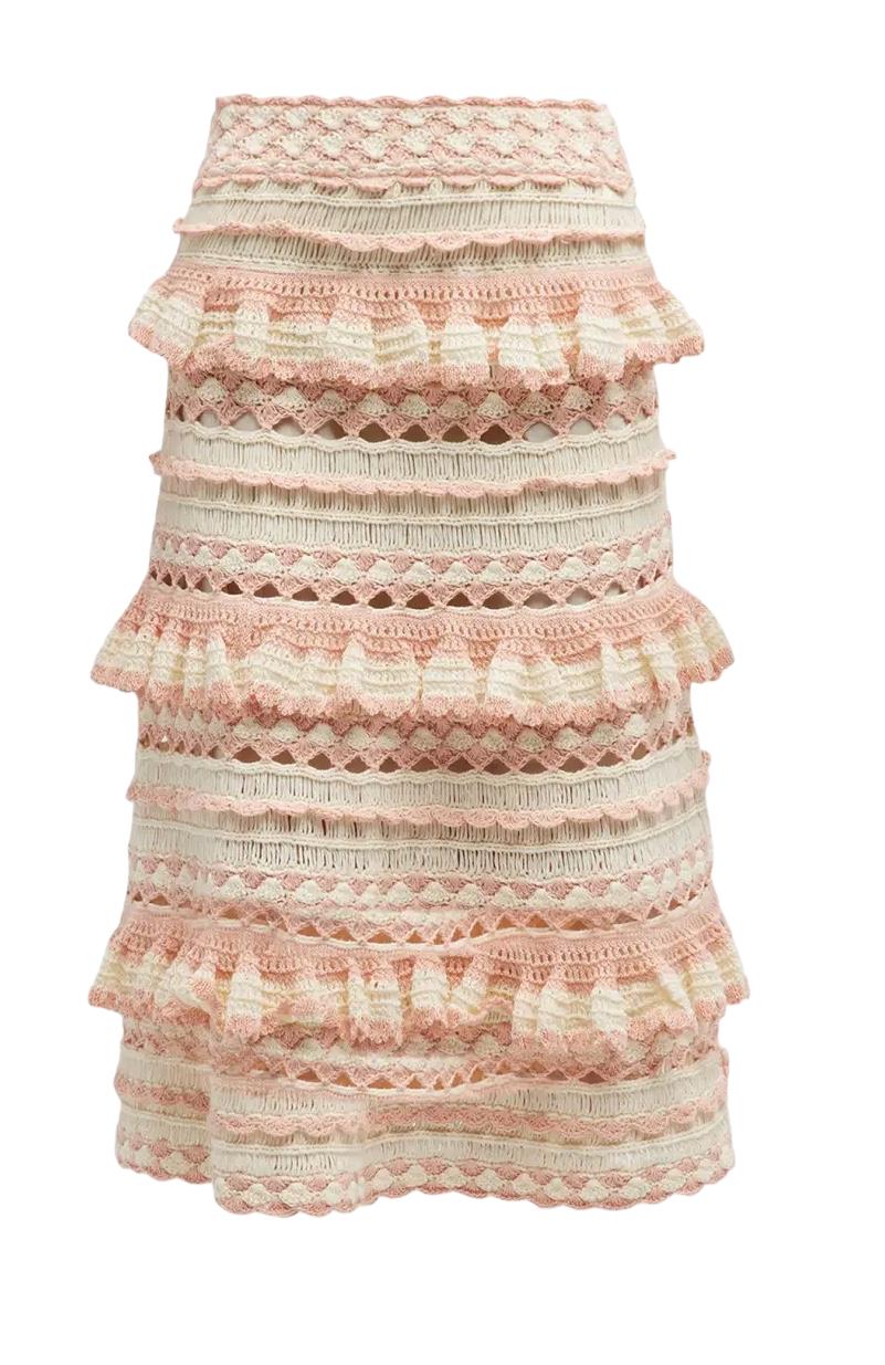 Zimmermann Clover Crochet Midi Skirt | Baby Pink/Cream, Cotton, Lined, Tiered