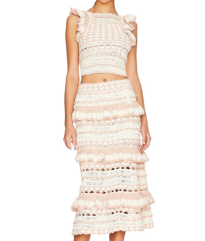 Zimmermann Clover Crochet Midi Skirt | Baby Pink/Cream, Cotton, Lined, Tiered