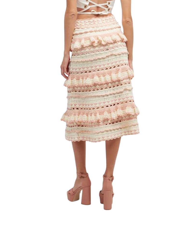 Zimmermann Clover Crochet Midi Skirt | Baby Pink/Cream, Cotton, Lined, Tiered