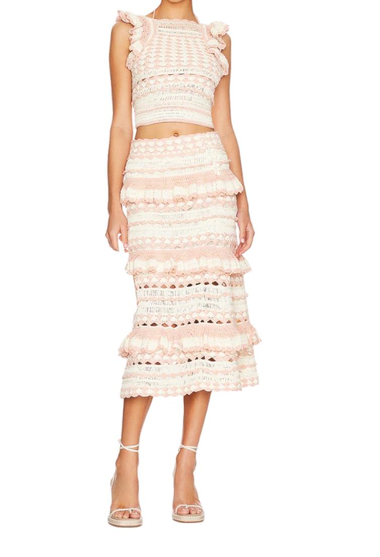 Zimmermann Clover Crochet Midi Skirt | Baby Pink/Cream, Cotton, Lined, Tiered