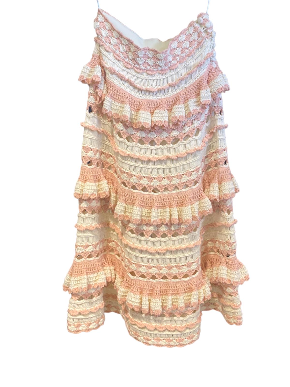 Zimmermann Clover Crochet Midi Skirt | Baby Pink/Cream, Cotton, Lined, Tiered