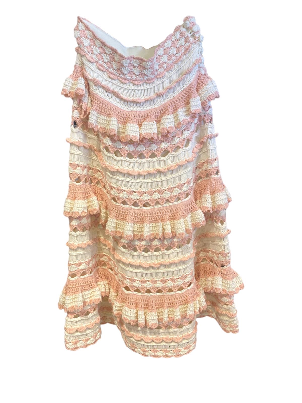 Zimmermann Clover Crochet Midi Skirt | Baby Pink/Cream, Cotton, Lined, Tiered