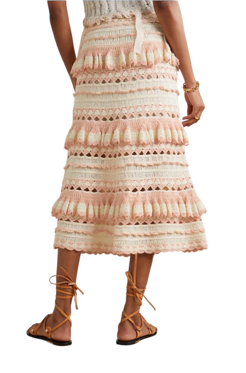 Zimmermann Clover Crochet Midi Skirt | Baby Pink/Cream, Cotton, Lined, Tiered