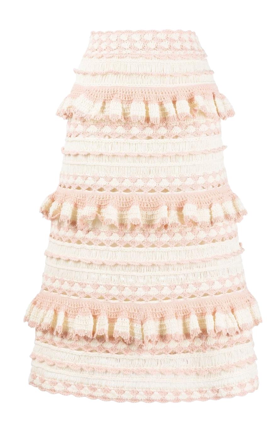 Zimmermann Clover Crochet Midi Skirt | Baby Pink/Cream, Cotton, Lined, Tiered