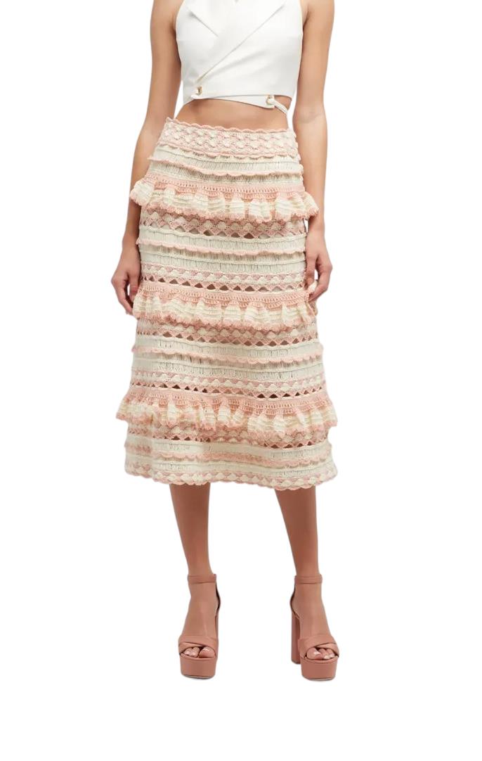 Zimmermann Clover Crochet Midi Skirt | Baby Pink/Cream, Cotton, Lined, Tiered