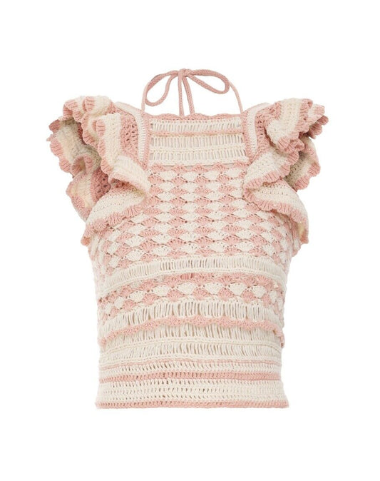 Zimmermann Clover Crochet Halter Tank | Crop Top, Pink Cream, Ruffle Tie