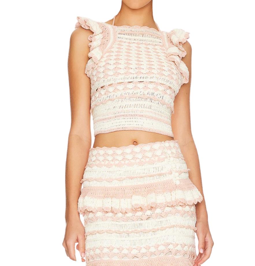 Zimmermann Clover Crochet Halter Tank | Crop Top, Pink Cream, Ruffle Tie