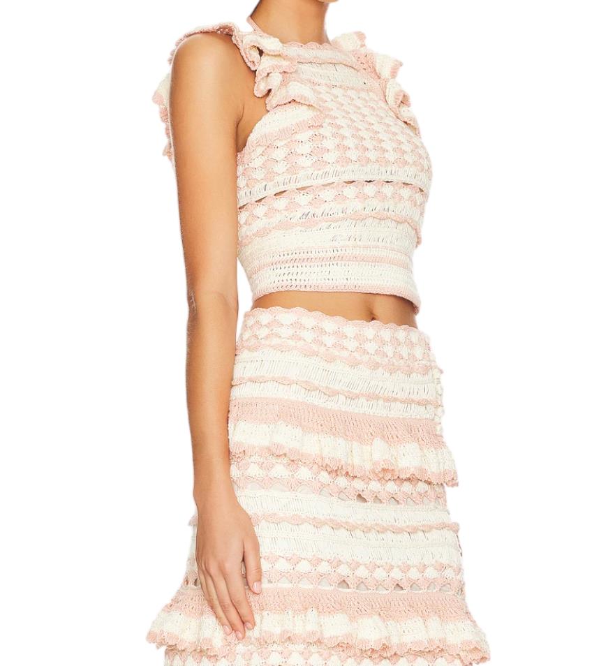 Zimmermann Clover Crochet Halter Tank | Crop Top, Pink Cream, Ruffle Tie