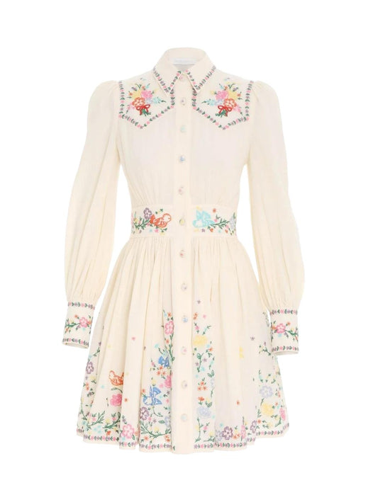 Zimmermann Clover Mini Shirt Dress | White, Floral Embroidery, Button Down, Boho