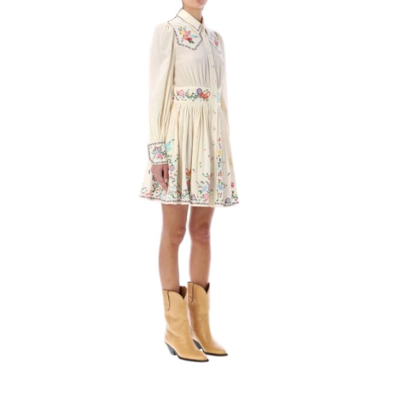 Zimmermann Clover Mini Shirt Dress | White, Floral Embroidery, Button Down, Boho