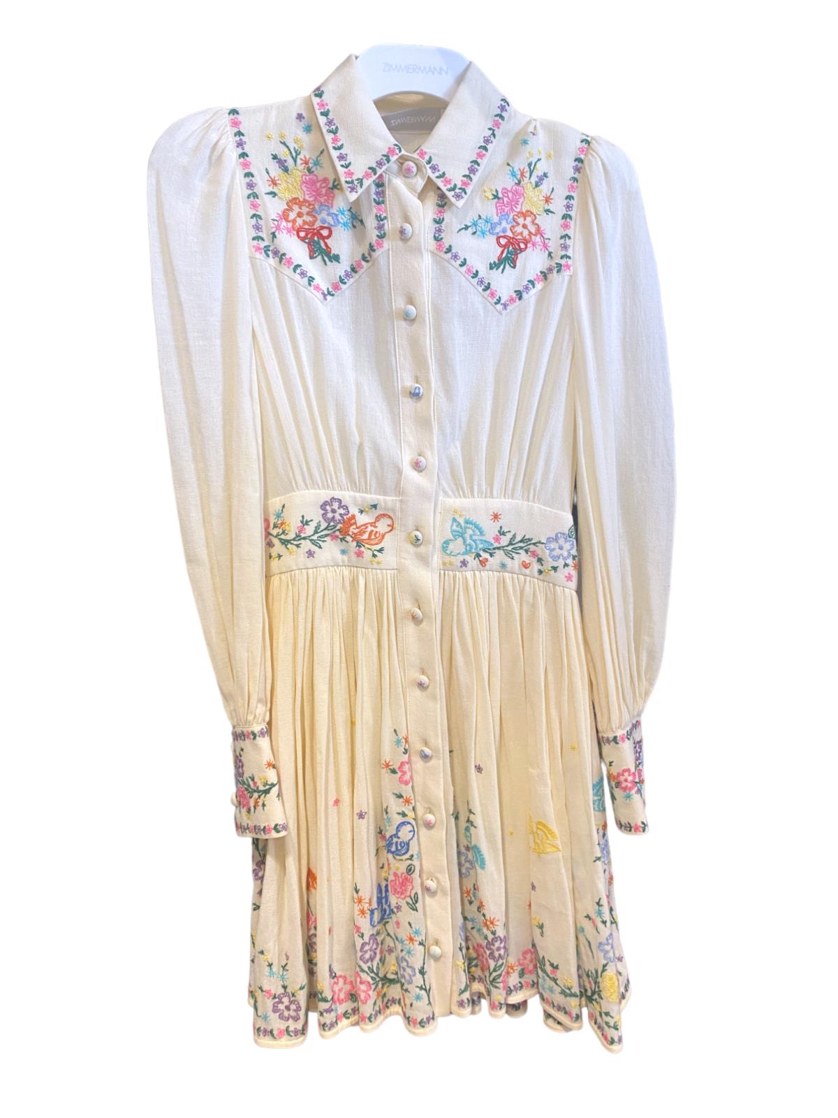 Zimmermann Clover Mini Shirt Dress | White, Floral Embroidery, Button Down, Boho