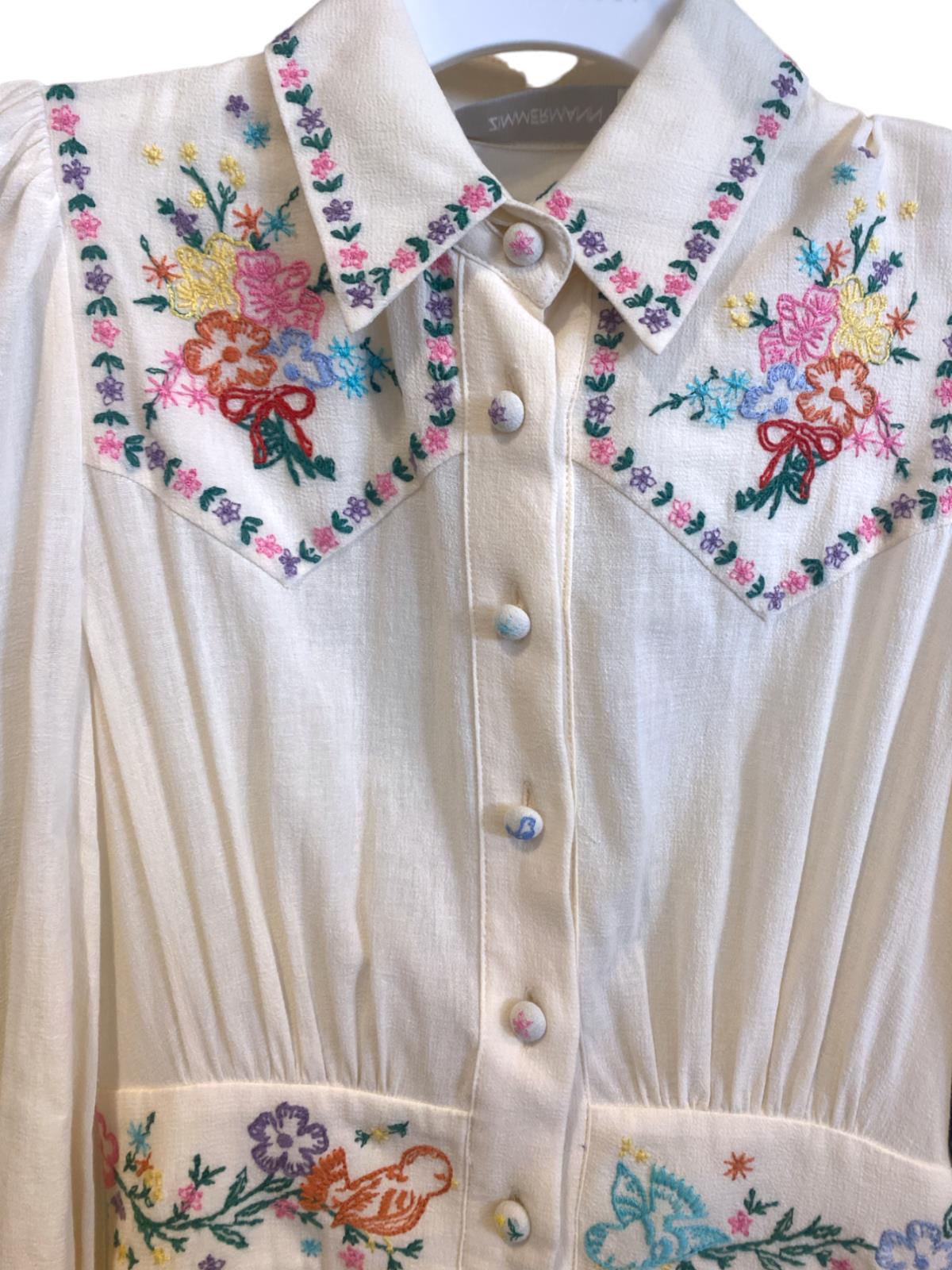 Zimmermann Clover Mini Shirt Dress | White, Floral Embroidery, Button Down, Boho