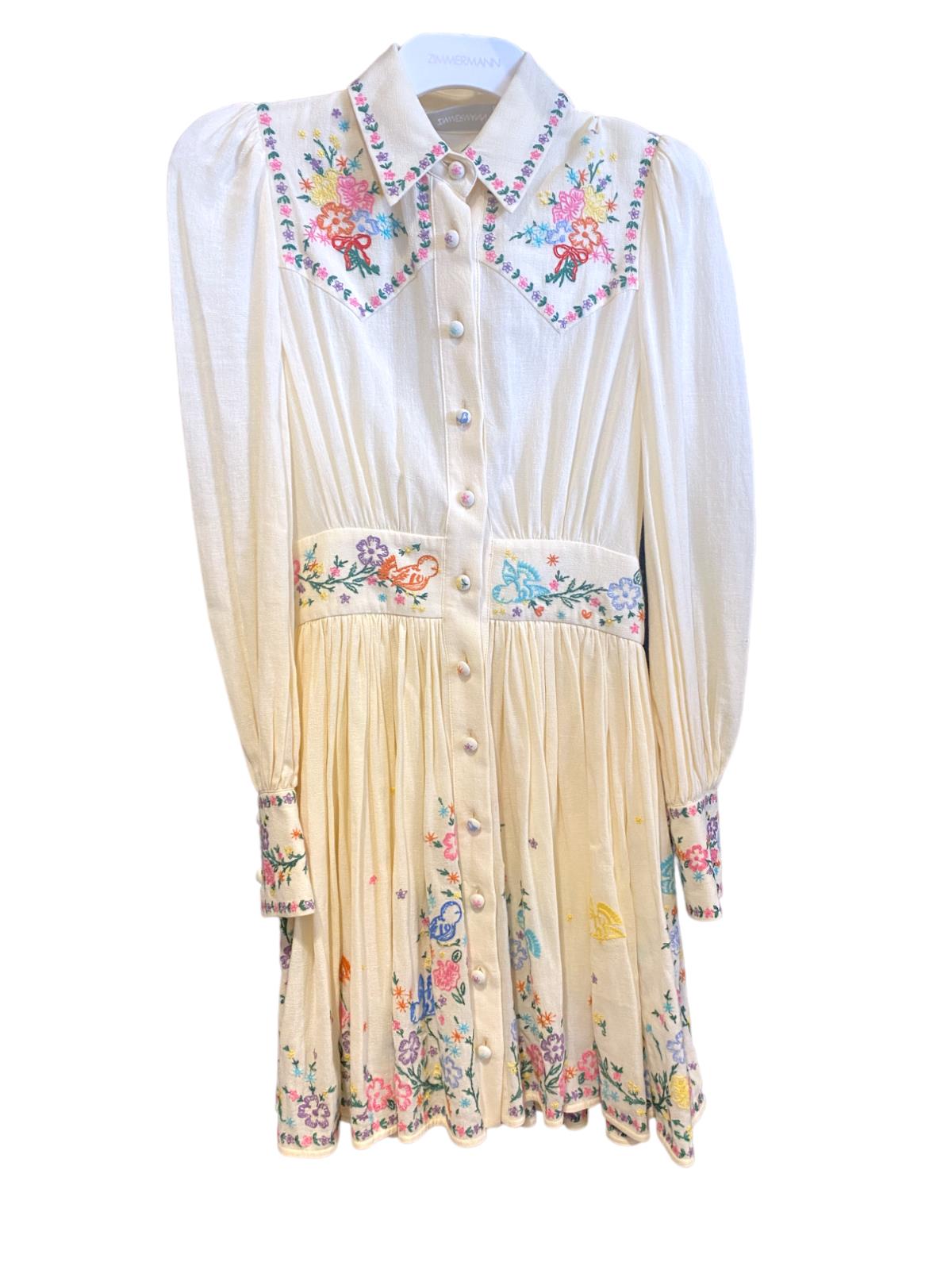 Zimmermann Clover Mini Shirt Dress | White, Floral Embroidery, Button Down, Boho