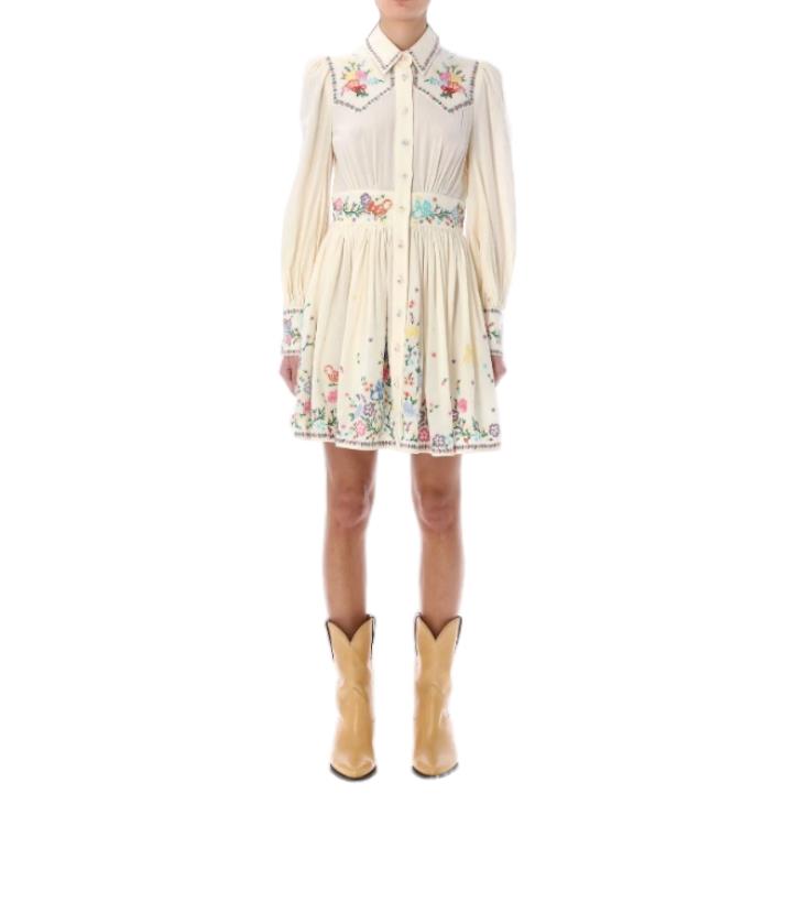 Zimmermann Clover Mini Shirt Dress | White, Floral Embroidery, Button Down, Boho