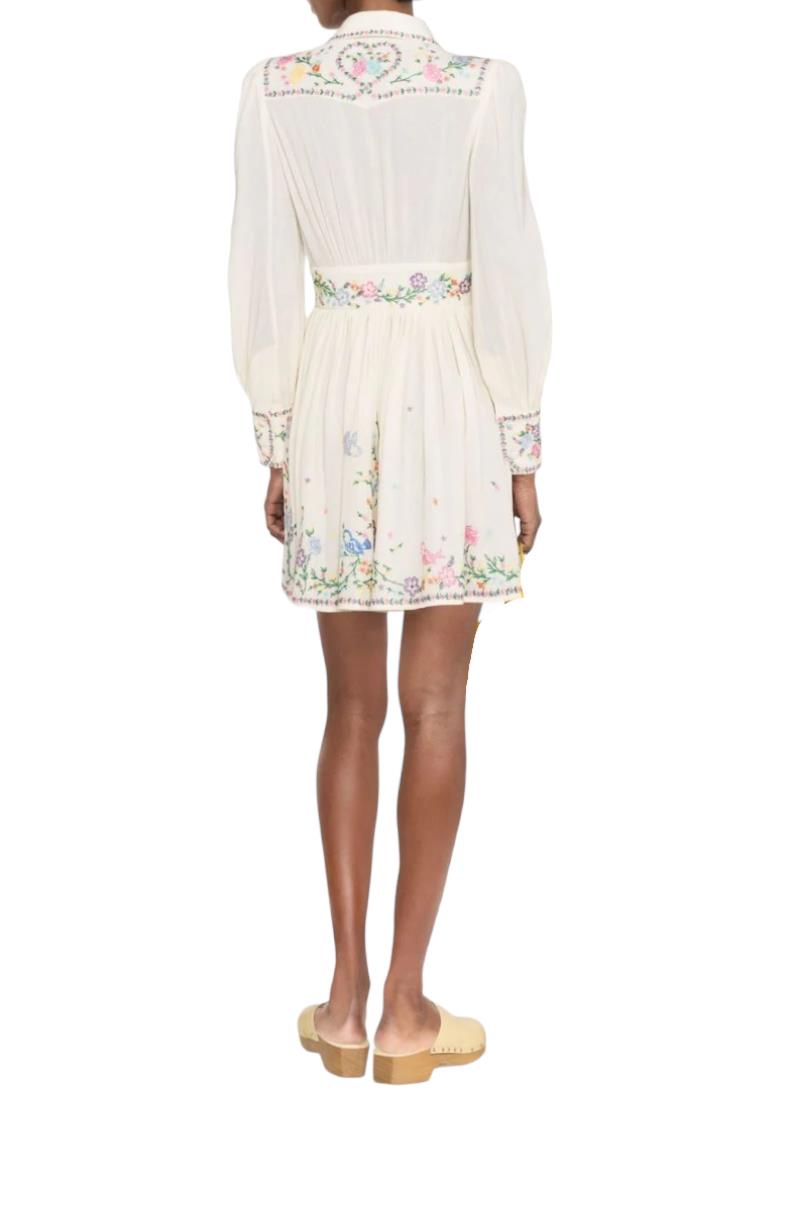 Zimmermann Clover Mini Shirt Dress | White, Floral Embroidery, Button Down, Boho