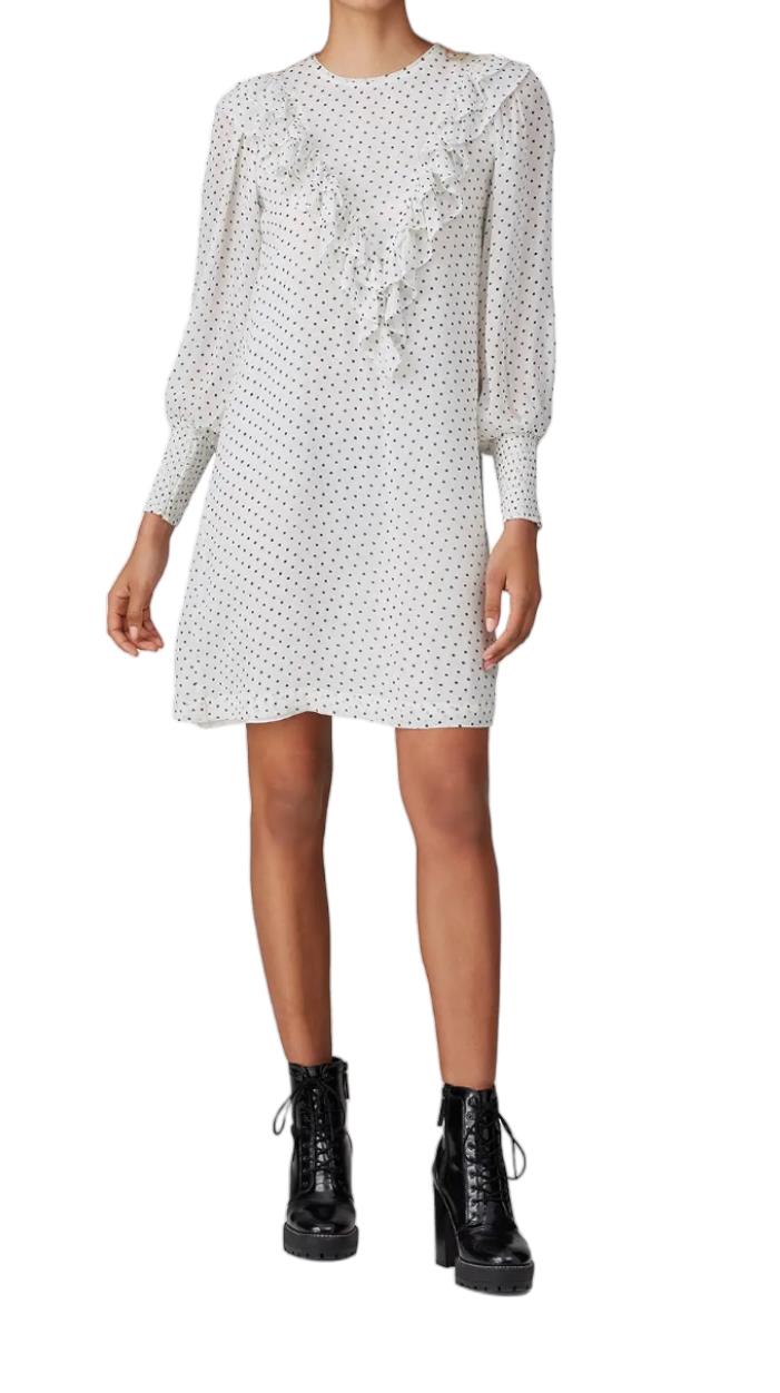 GANNI White/Black Polka Dot Ruffle Dress | Crepe/Viscose, Shift, Long Sleeve