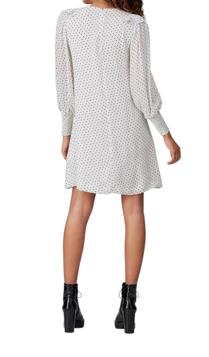 GANNI White/Black Polka Dot Ruffle Dress | Crepe/Viscose, Shift, Long Sleeve