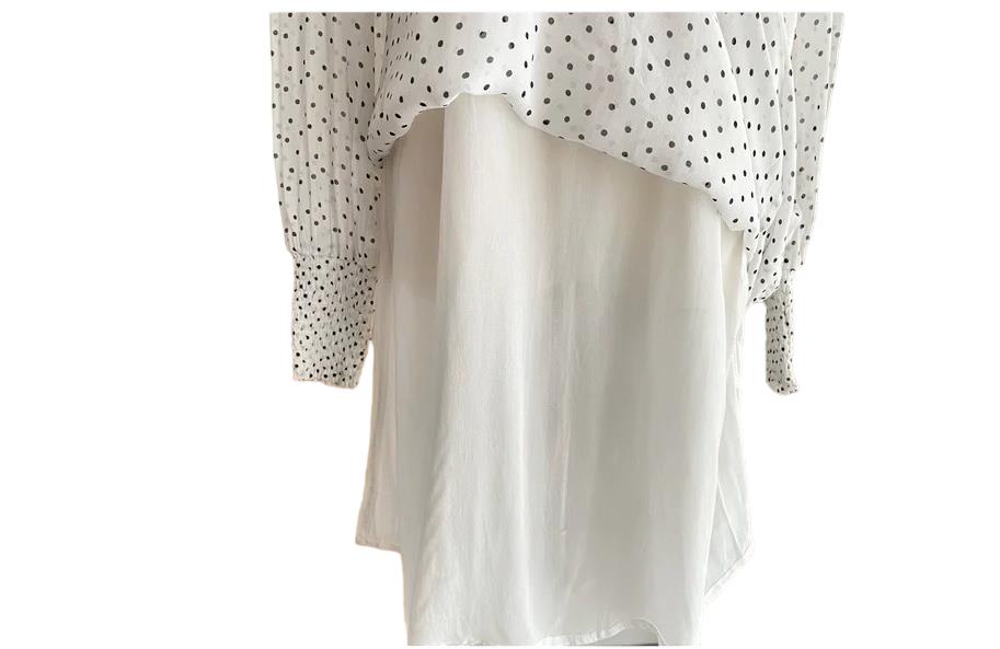 GANNI White/Black Polka Dot Ruffle Dress | Crepe/Viscose, Shift, Long Sleeve