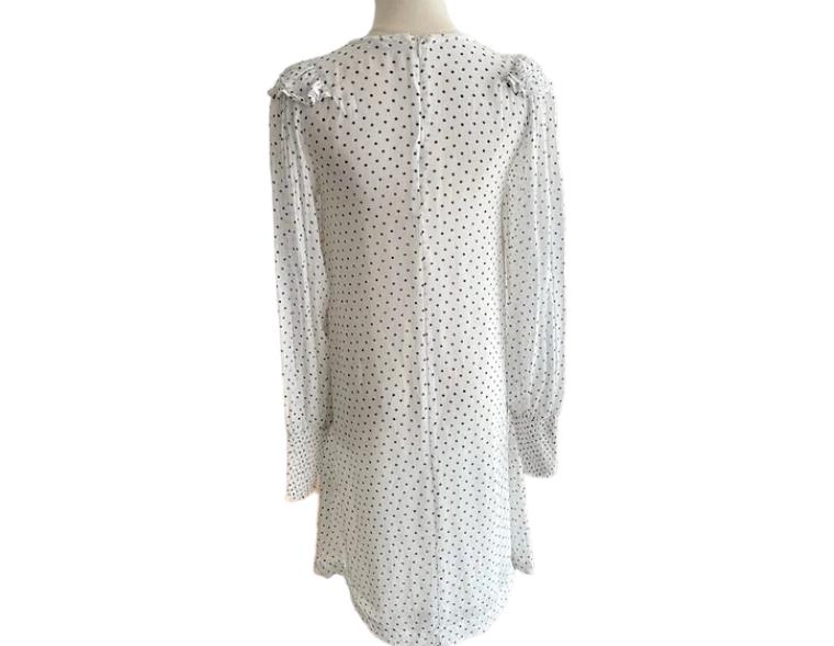 GANNI White/Black Polka Dot Ruffle Dress | Crepe/Viscose, Shift, Long Sleeve