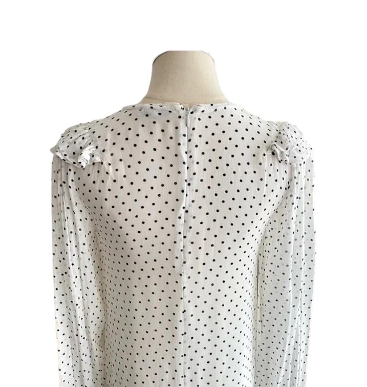 GANNI White/Black Polka Dot Ruffle Dress | Crepe/Viscose, Shift, Long Sleeve