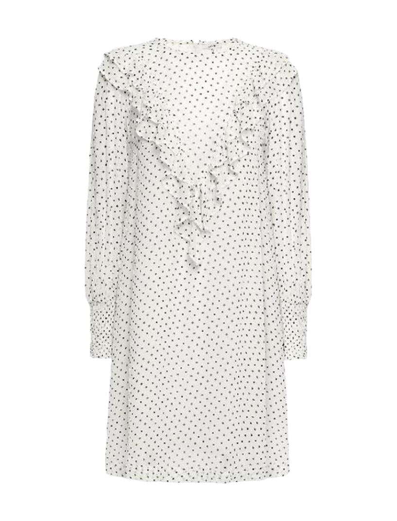 GANNI White/Black Polka Dot Ruffle Dress | Crepe/Viscose, Shift, Long Sleeve