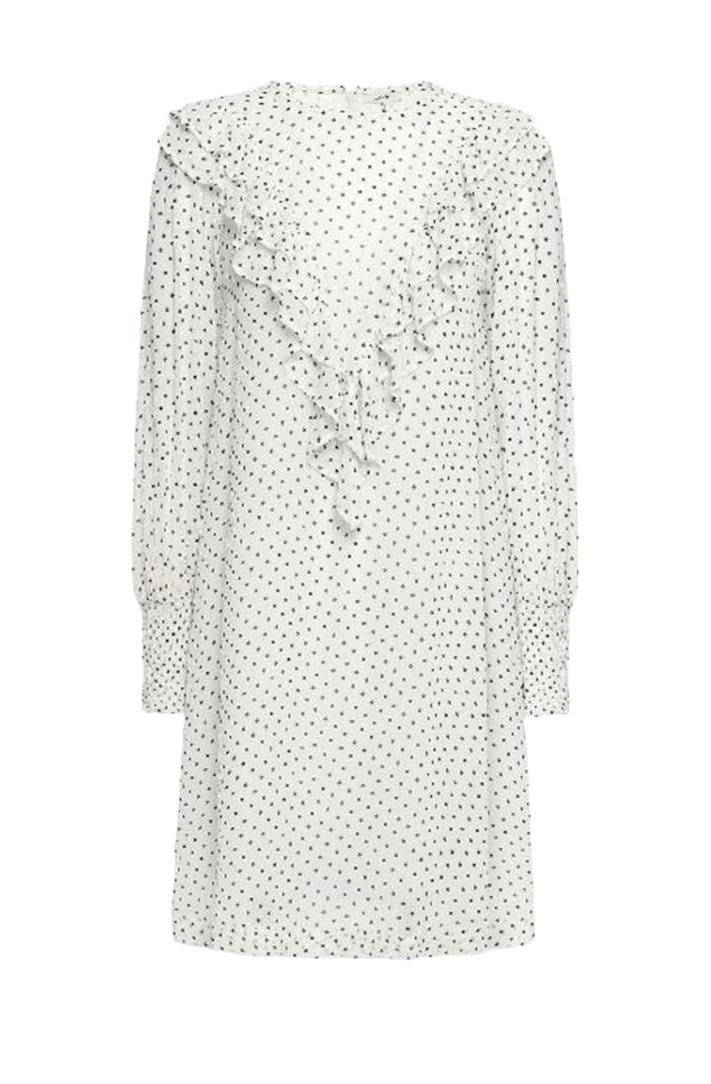 GANNI White/Black Polka Dot Ruffle Dress | Crepe/Viscose, Shift, Long Sleeve