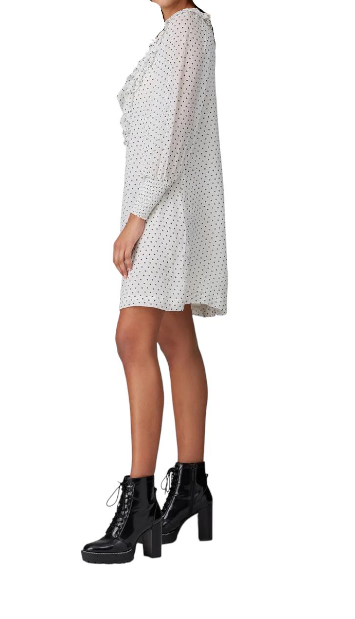 GANNI White/Black Polka Dot Ruffle Dress | Crepe/Viscose, Shift, Long Sleeve