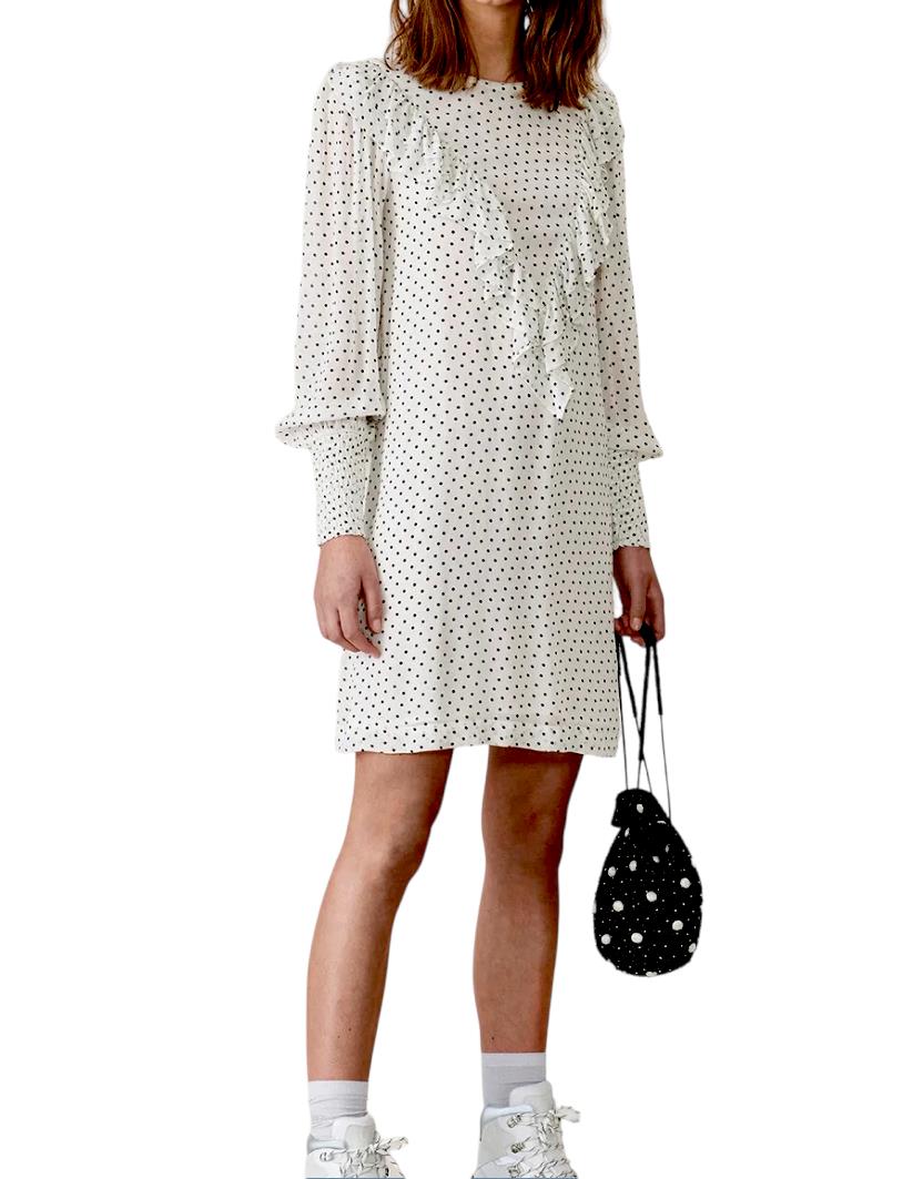 GANNI White/Black Polka Dot Ruffle Dress | Crepe/Viscose, Shift, Long Sleeve