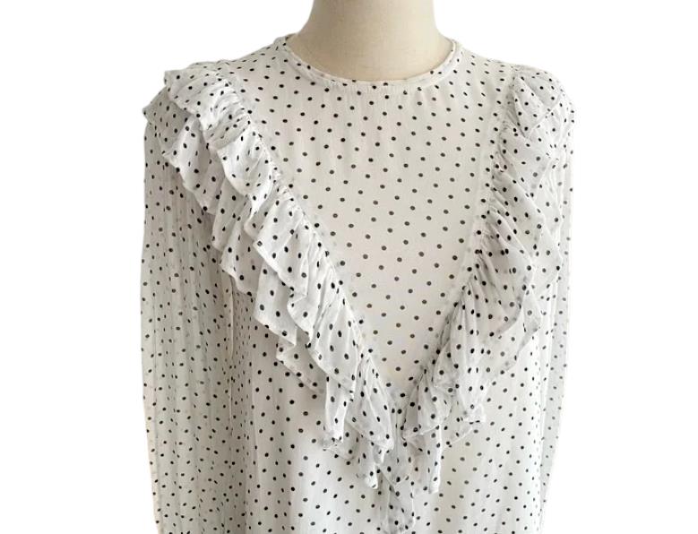 GANNI White/Black Polka Dot Ruffle Dress | Crepe/Viscose, Shift, Long Sleeve