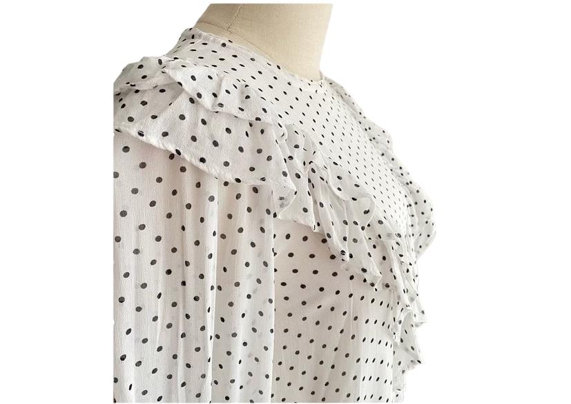 GANNI White/Black Polka Dot Ruffle Dress | Crepe/Viscose, Shift, Long Sleeve