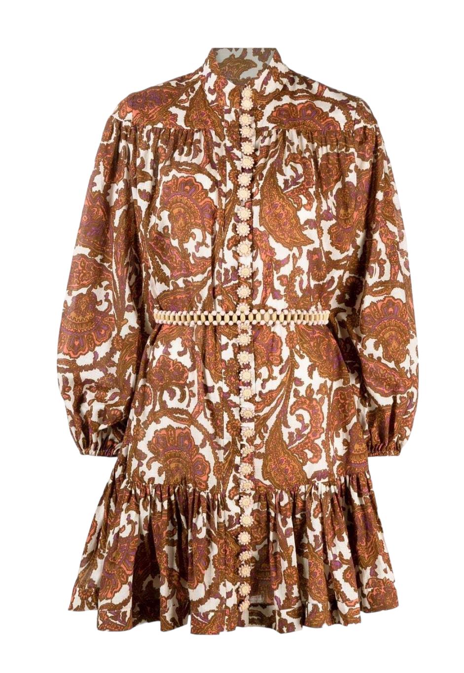 Zimmermann Tiggy Drop Waist Mini Dress | Coral Paisley, Cotton, Beaded Belt