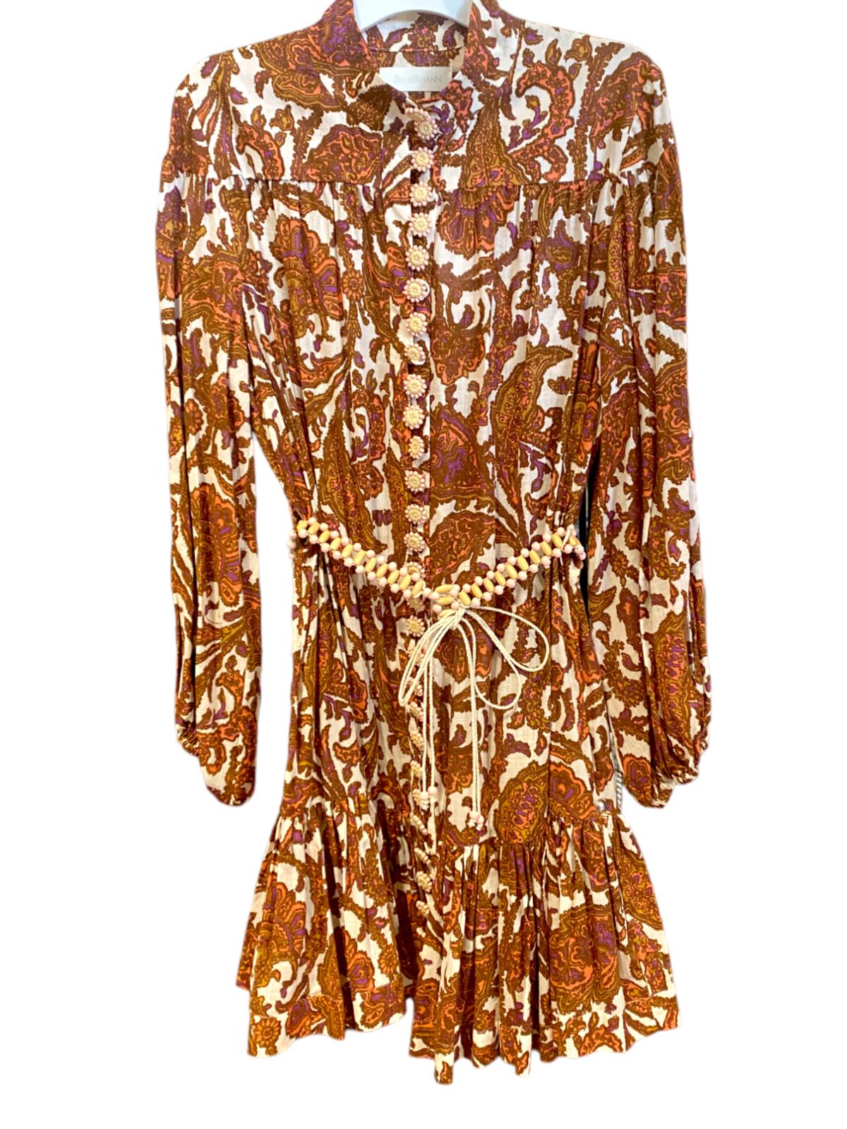 Zimmermann Tiggy Drop Waist Mini Dress | Coral Paisley, Cotton, Beaded Belt