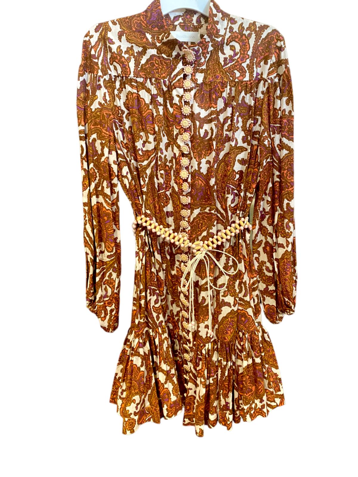 Zimmermann Tiggy Drop Waist Mini Dress | Coral Paisley, Cotton, Beaded Belt