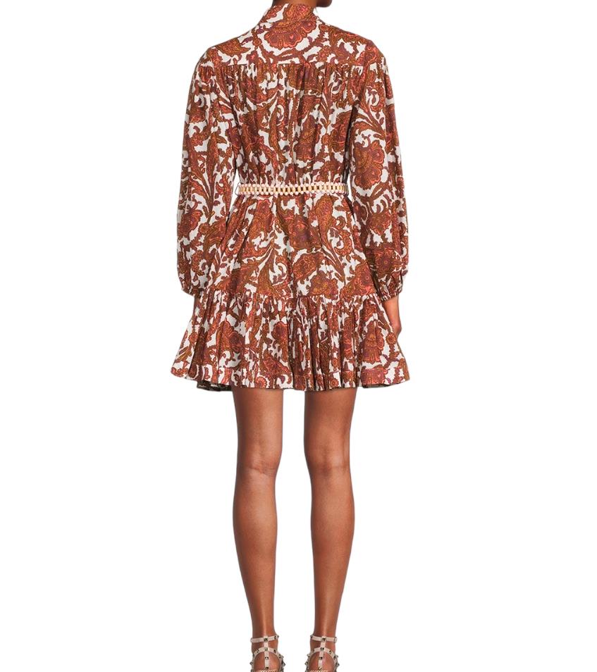 Zimmermann Tiggy Drop Waist Mini Dress | Coral Paisley, Cotton, Beaded Belt