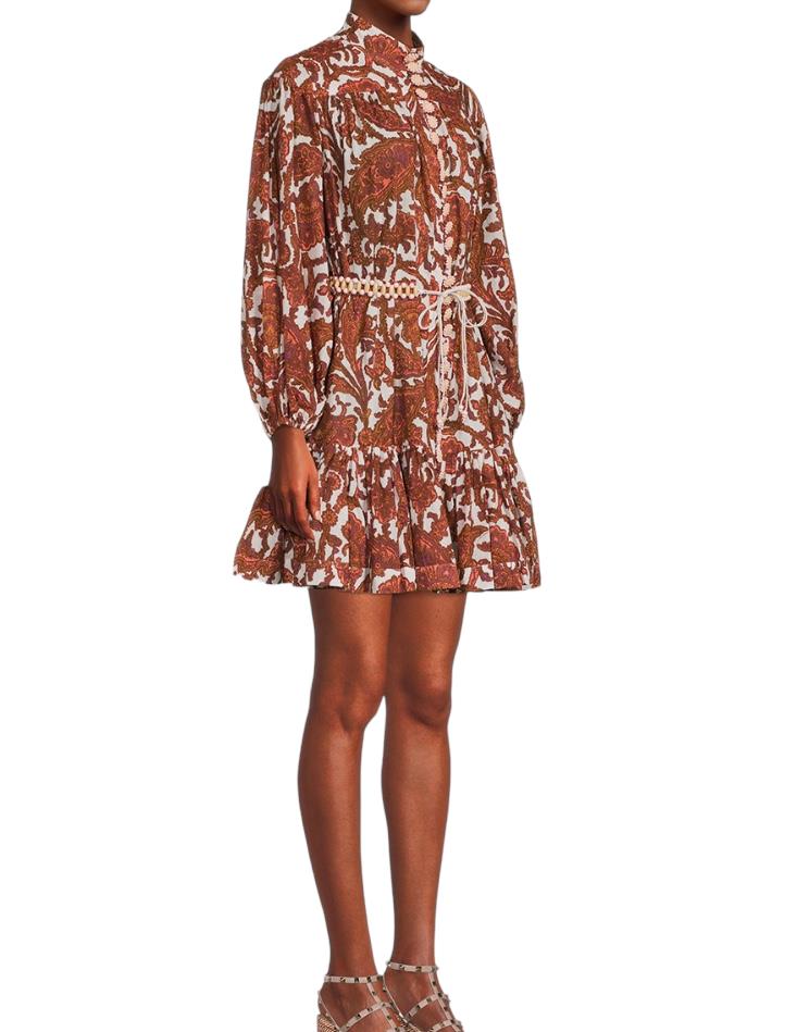 Zimmermann Tiggy Drop Waist Mini Dress | Coral Paisley, Cotton, Beaded Belt